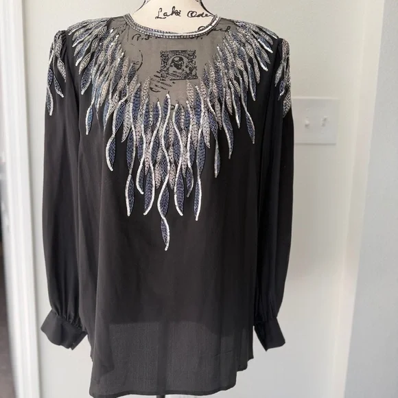 Vtg 90’s Argenti Blouse Mesh 100%Silk Beaded Black Embellished Sz 3XL Whimsigoth - Picture 2 of 16